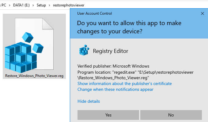 Phục hồi Windows Photos Viewer bằng file .reg